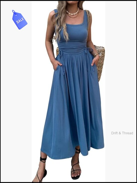 Dresses & Skirts - Boho Summer Maxi Dress with Pockets, Adjustable Waist, Sleeveless Casual
